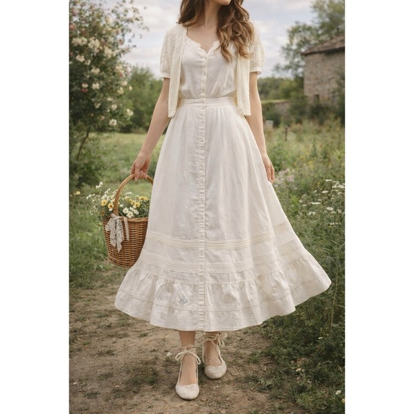 Ralph Lauren LRL  Skirt 14 A Line Off White Cotton Pintuck Cottagecore Prairie - Picture 2 of 11